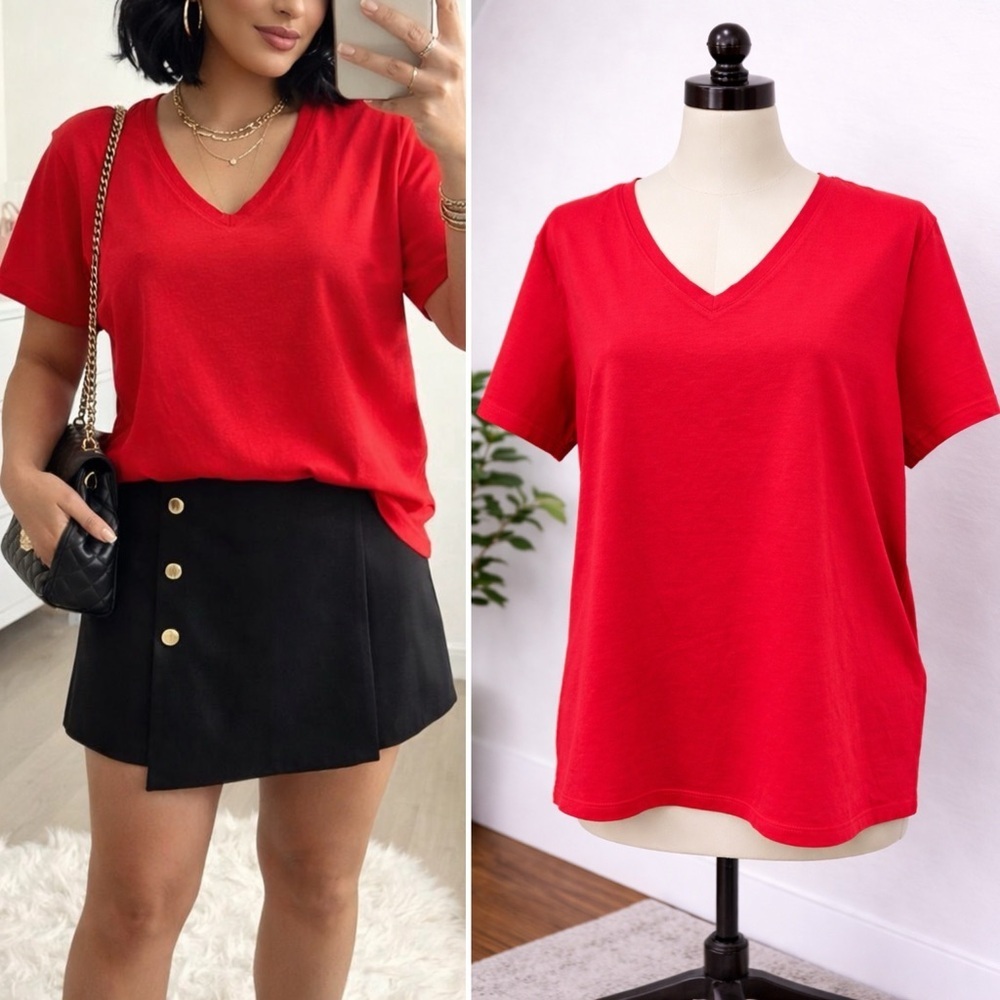 017 Lands’ End | NWOT Peru 100% Cotton Red V-Neck Short Sleeve Tee Top (size L)
